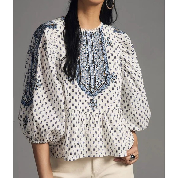 Anthropologie Tops - By Anthropologie Peasant Blouse Boho Top Embroidered White Blue Lined Size L